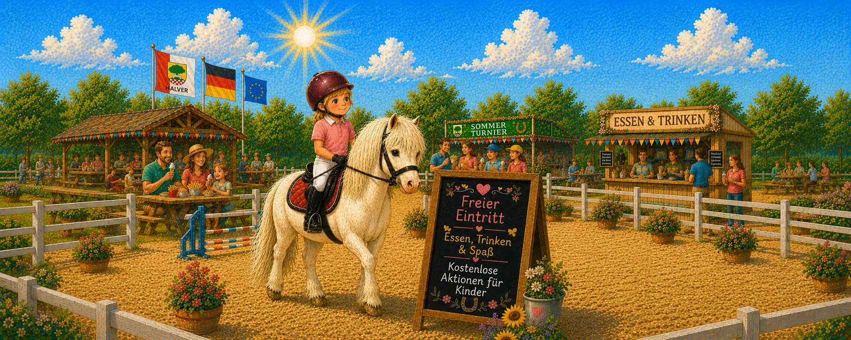 Ein junges Mädchen reitet auf einem hellen Pony auf einem sandfarbenen Platz. Im Hintergrund sitzen und stehen Menschen an Tischen, ein Essensstand und Flaggen sind zu sehen. Ein Schild kündigt freien Eintritt und Aktionen für Kinder an.