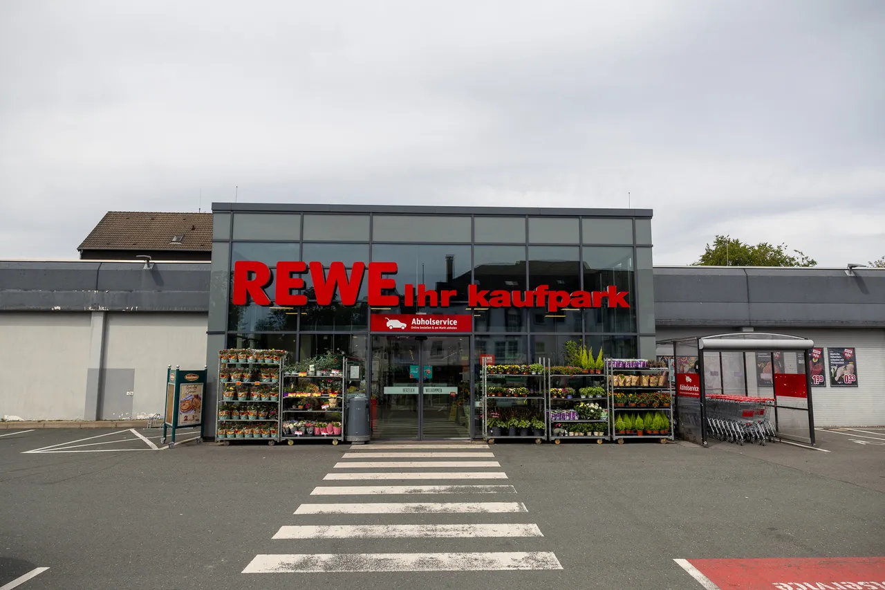 Frontansicht eines REWE ihr kaufpark Supermarkts mit Blumenständern vor der Glasfassade und einem Zebrastreifen zum Eingang.