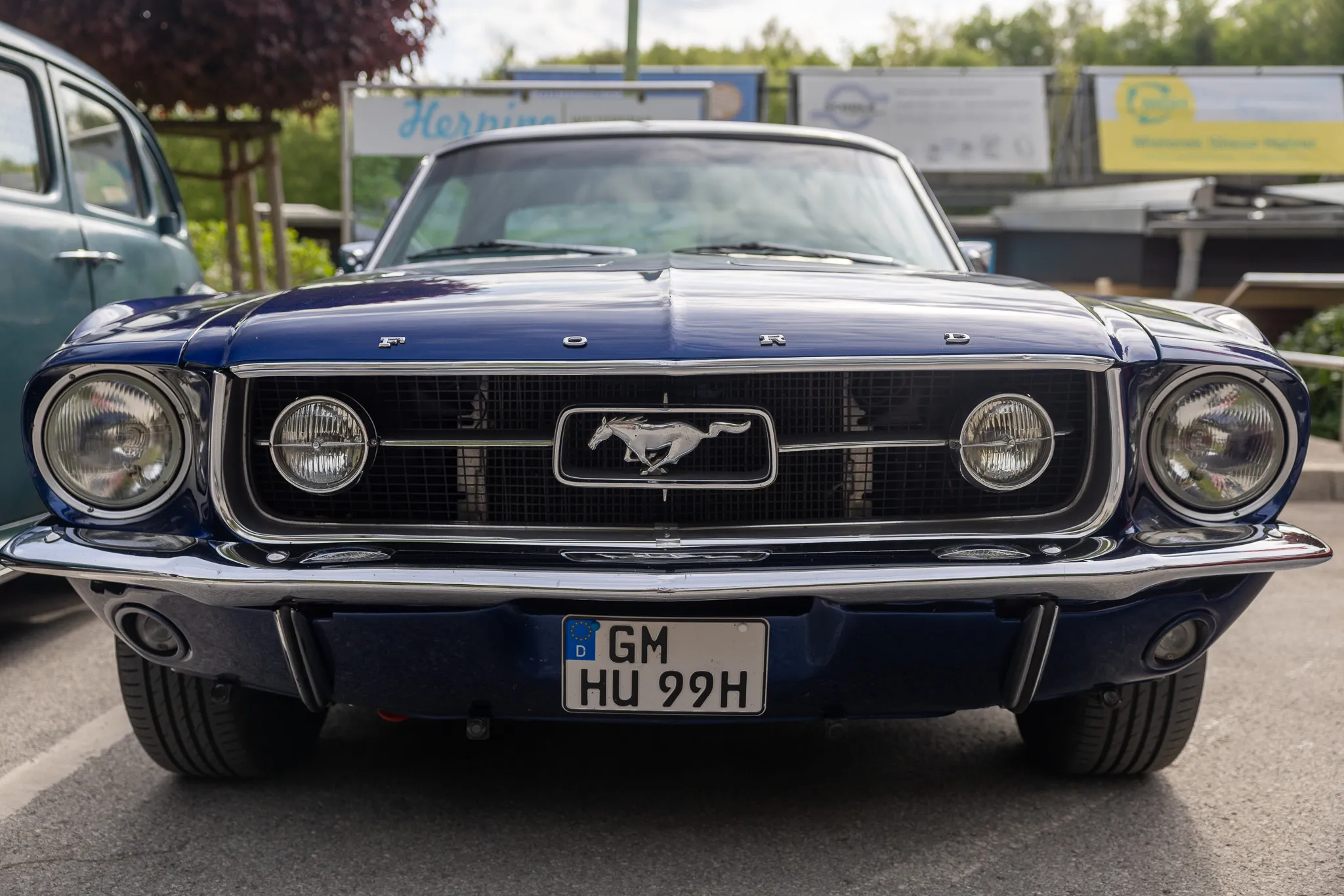 Frontale Aufnahme eines dunkelblauen Ford Mustang aus den 1960er Jahren mit dem Mustang-Pferd auf dem Kühlergrill und einem deutschen Kennzeichen.