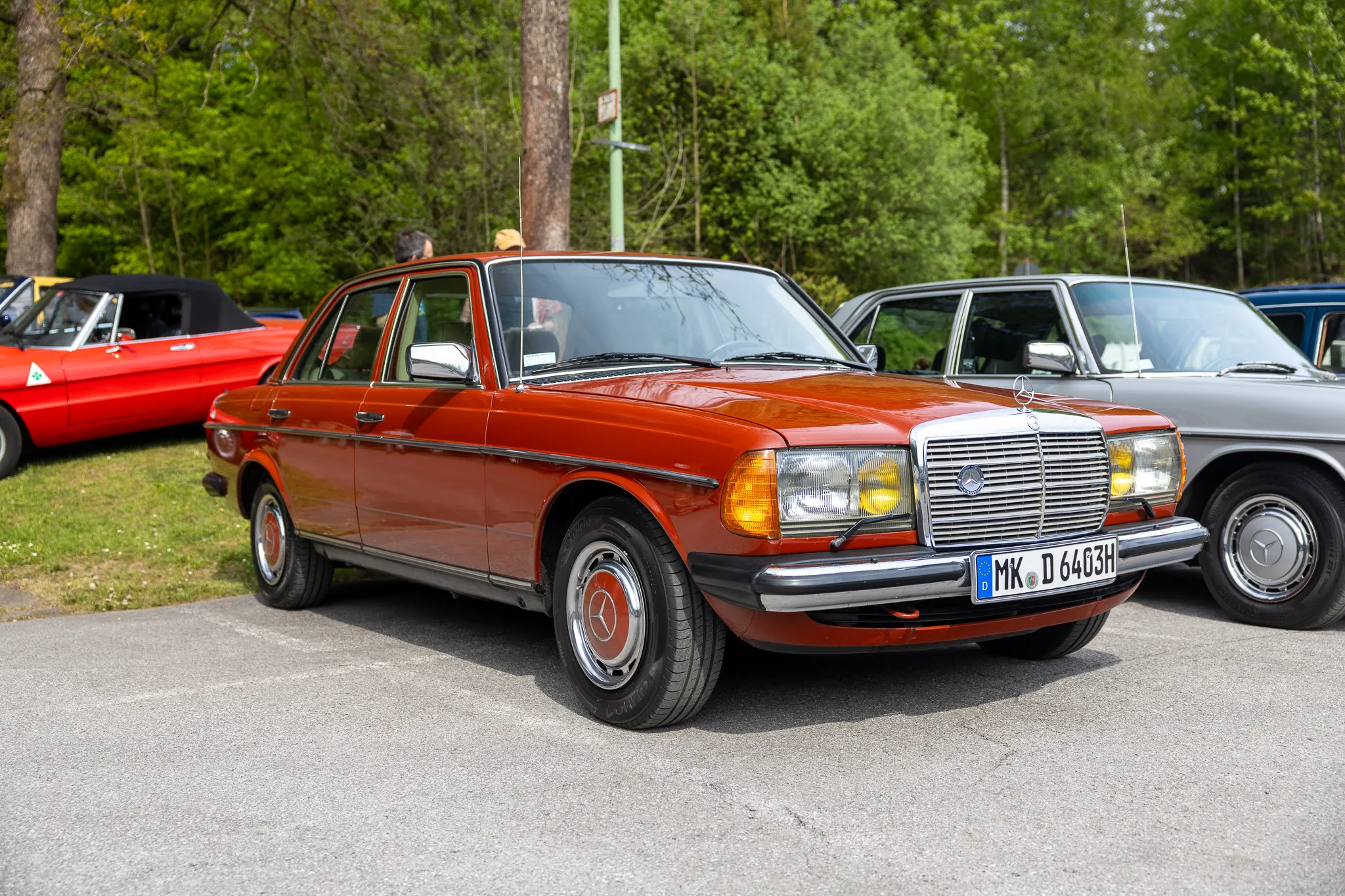 Roter Mercedes-Benz W123 steht auf einem Parkplatz, umgeben von weiteren Oldtimern und Bäumen.