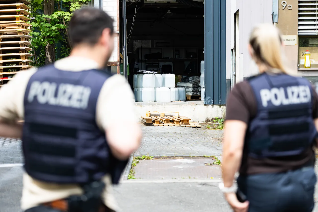 Zwei Polizisten stehen mit dem Rücken zum Betrachter vor einem offenen Lager mit mehreren Kartons und Paletten. Im Hintergrund ist eine offene Garagentür zu sehen.