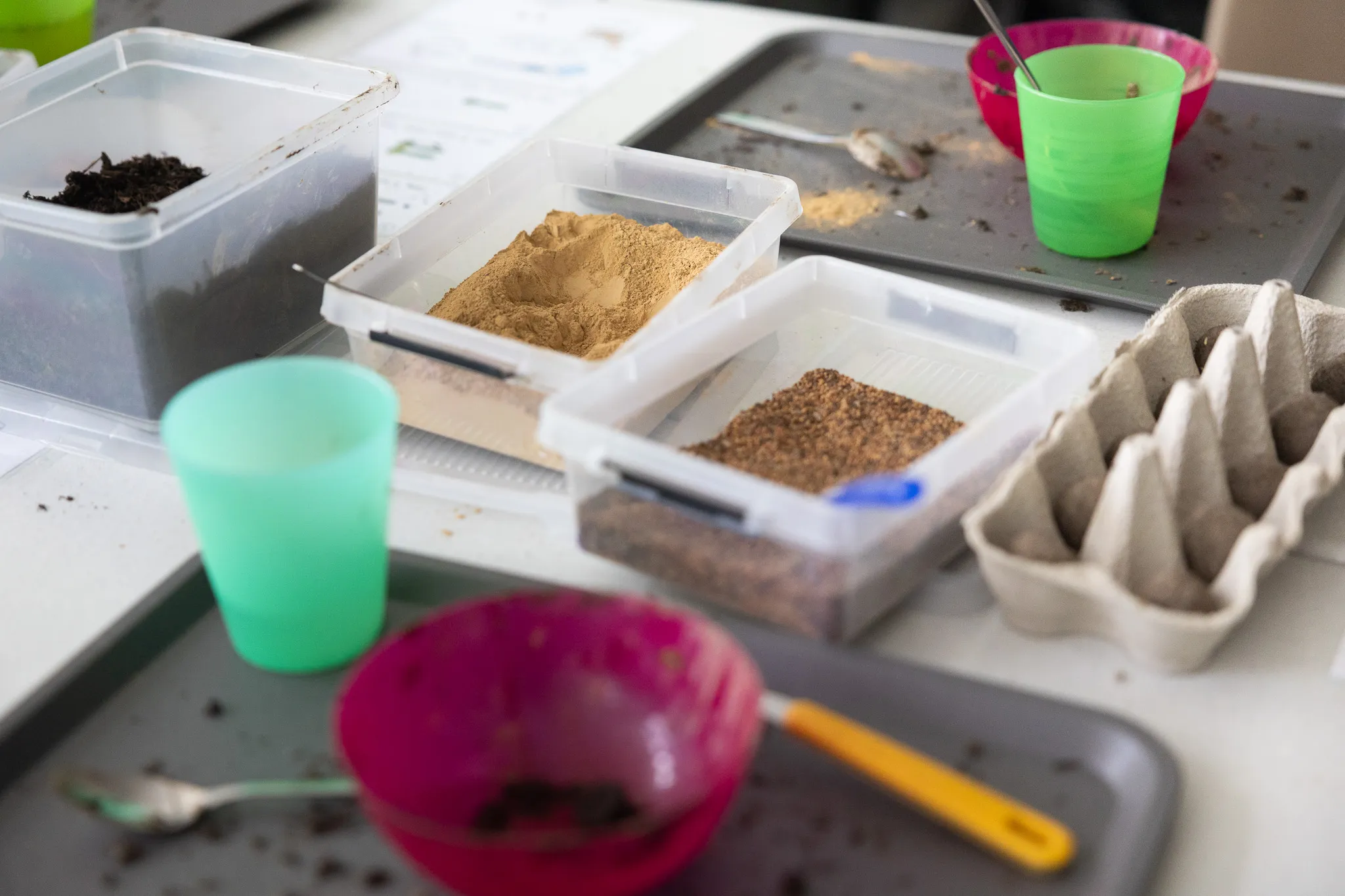 Verschiedene Behälter mit Erde und Anzuchterde stehen auf einem Tablett, daneben ein Eierkarton und bunte Becher. Im Vordergrund eine Schüssel mit Erde und ein kleiner Löffel.