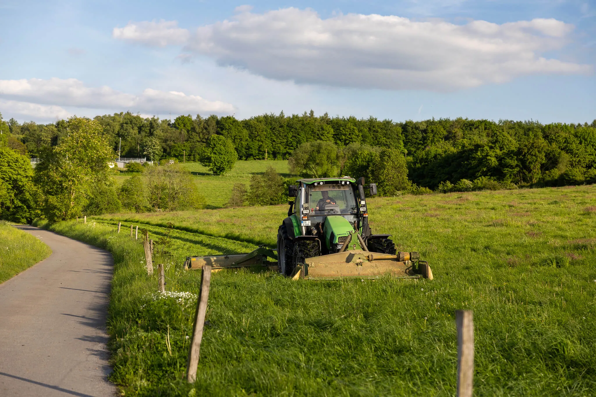 Grüner Traktor mit Mähwerk fährt auf einer Wiese entlang eines Feldwegs, im Hintergrund Bäume und Felder.