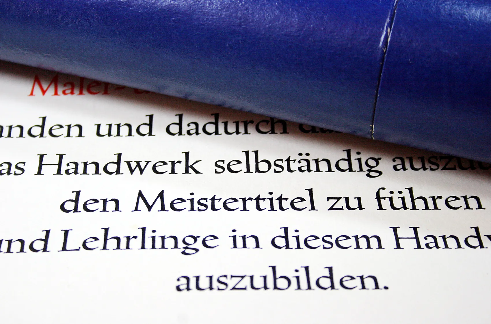 Ausschnitt aus einem Meisterbrief mit rotem Text und schwarzem Druck, der die Befähigung zum selbstständigen Ausüben des Handwerks und zur Ausbildung von Lehrlingen erwähnt.