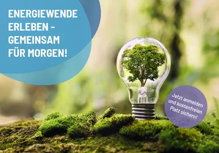 Ein Baum wächst in einer Glühbirne, die auf Moos steht. Im Hintergrund steht der Slogan „Energiewende erleben – gemeinsam für morgen!“.