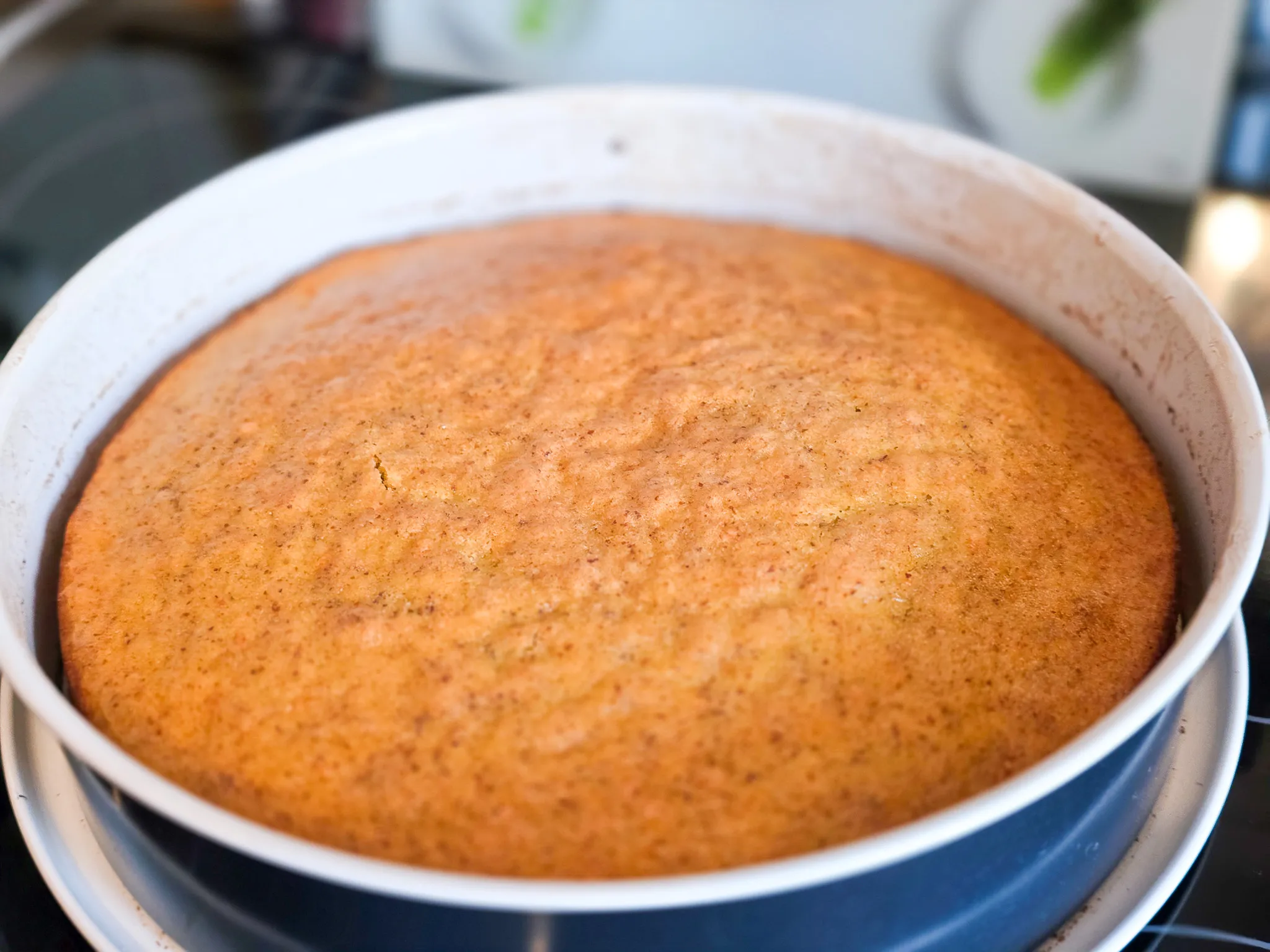 Rund gebackener Rüblikuchen in einer Springform, leicht gebräunt und mit Streuseln bestreut.