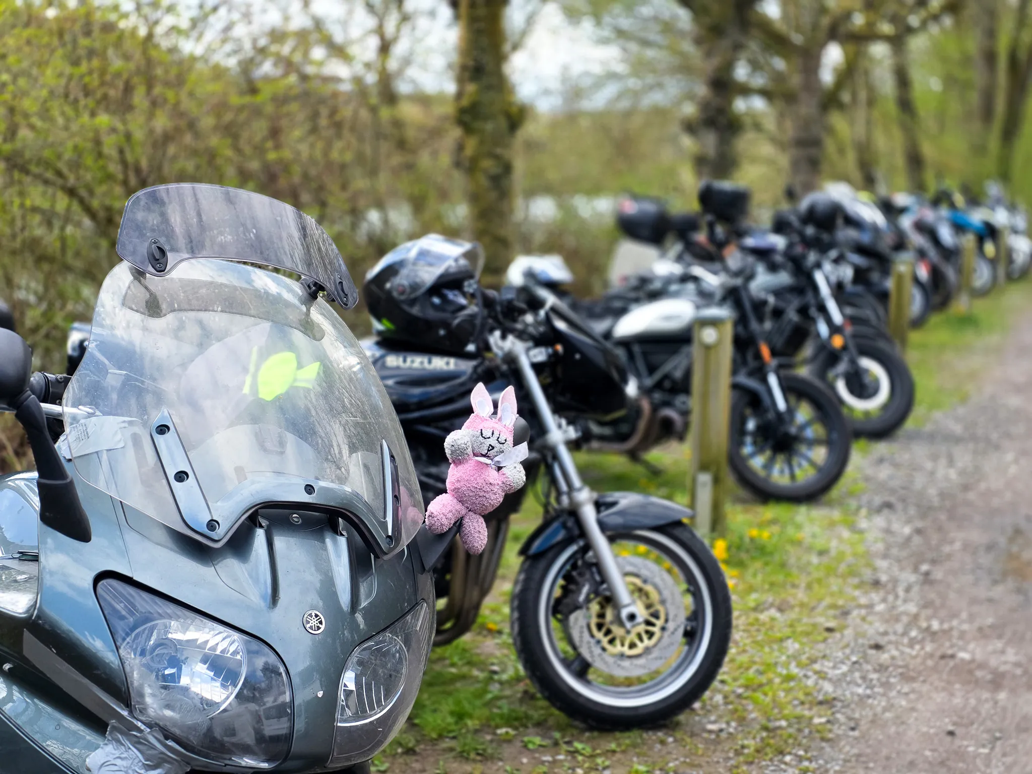 Mehrere Motorräder stehen auf einem Kiesweg, ein Stofftier-Hase sitzt auf dem Lenker eines Motorrads im Vordergrund.