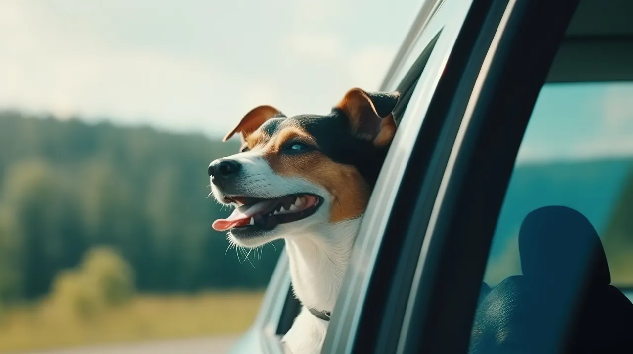 Ein braun-weiß gefleckter Hund streckt den Kopf aus dem Autofenster, die Zunge hängt heraus und er blickt freudig in die Ferne. Im Hintergrund ist verschwommen grüne Landschaft zu sehen.