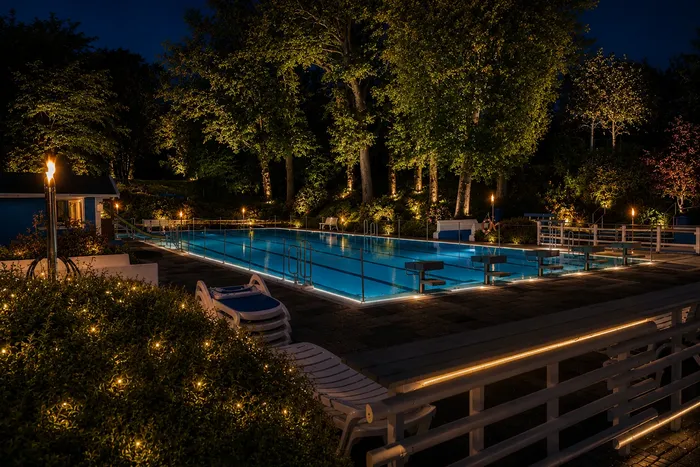 Beleuchtetes Schwimmbecken im Freibad Valbert bei Nacht, umgeben von Bäumen und Liegestühlen. Fackeln säumen den Beckenrand.