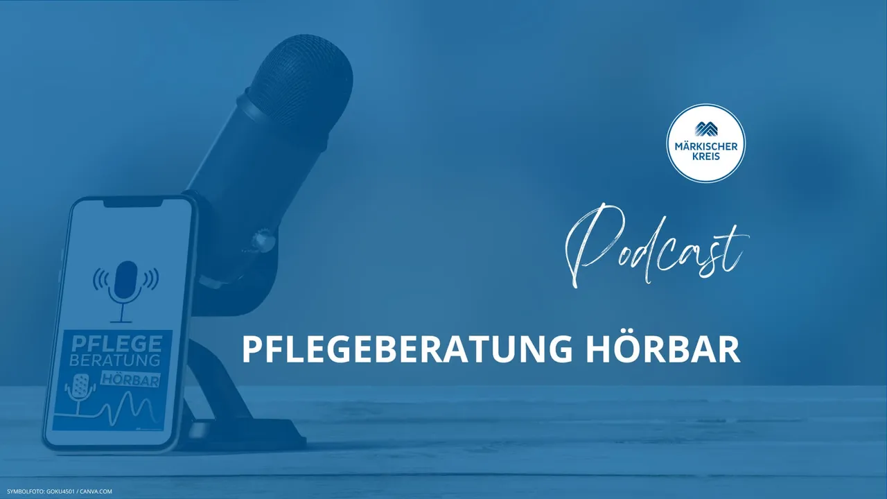 Mikrofon und Smartphone mit dem Hinweis „Pflegeberatung Hörbar“ werben für den gleichnamigen Podcast des Märkischen Kreises.