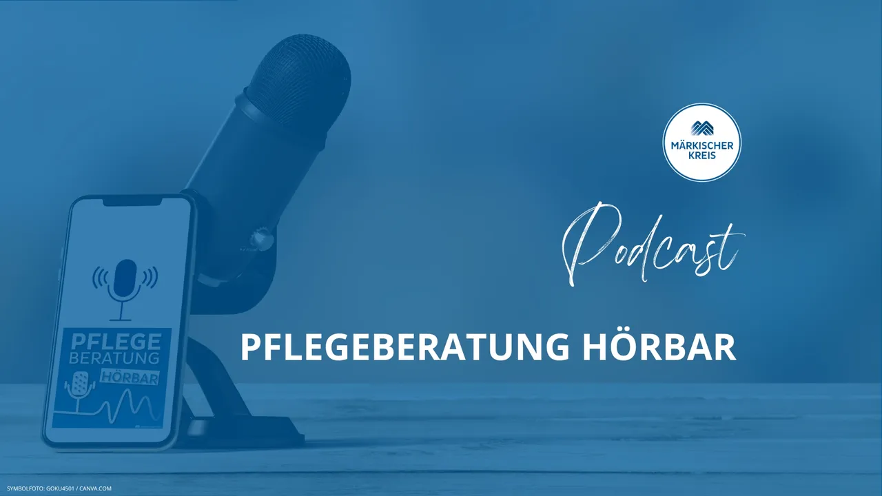 Blau eingefärbtes Bild mit einem Mikrofon, einem Smartphone mit Podcast-Logo und dem Schriftzug „Podcast Pflegeberatung Hörbar“ sowie dem Logo des Märkischen Kreises.