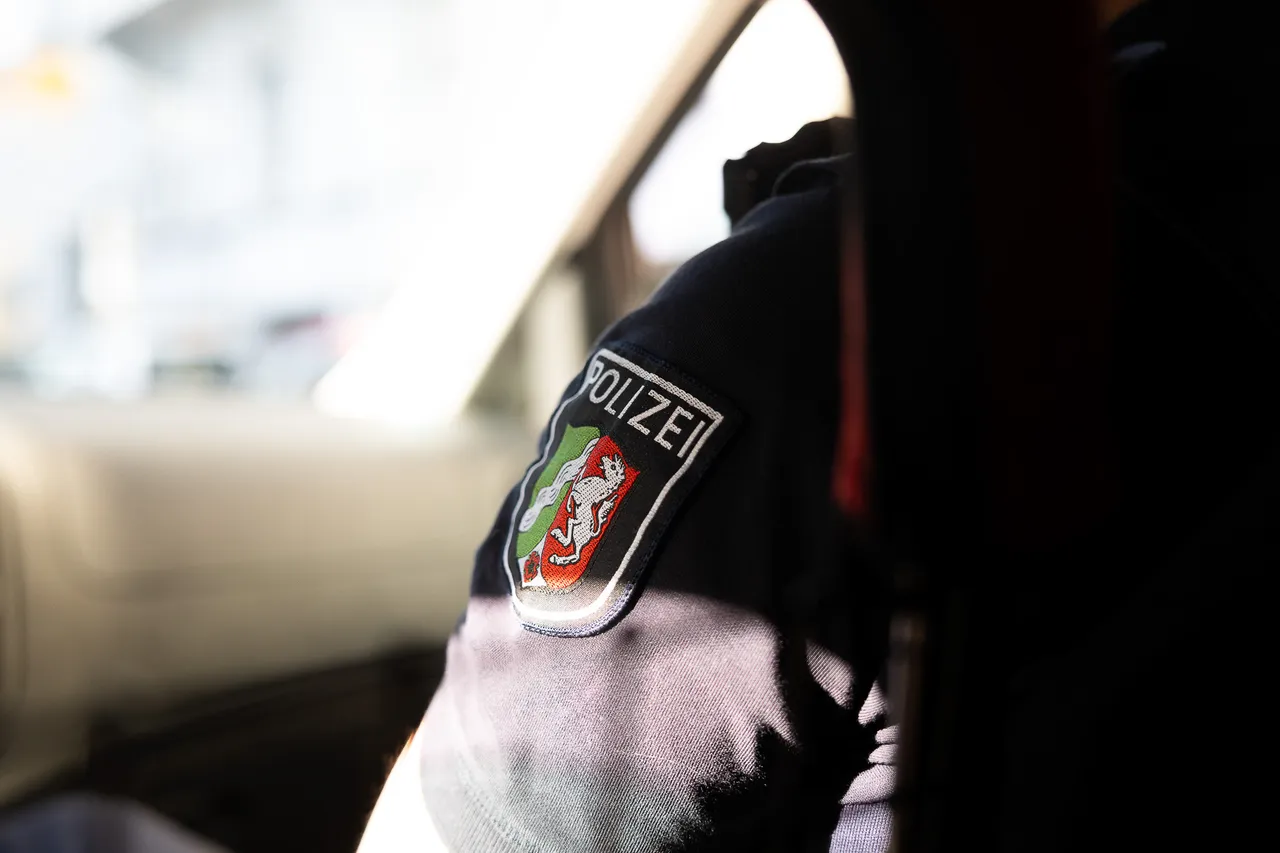 Polizeibeamter mit Uniform und Aufnäher auf der Schulter im Streifenwagen.