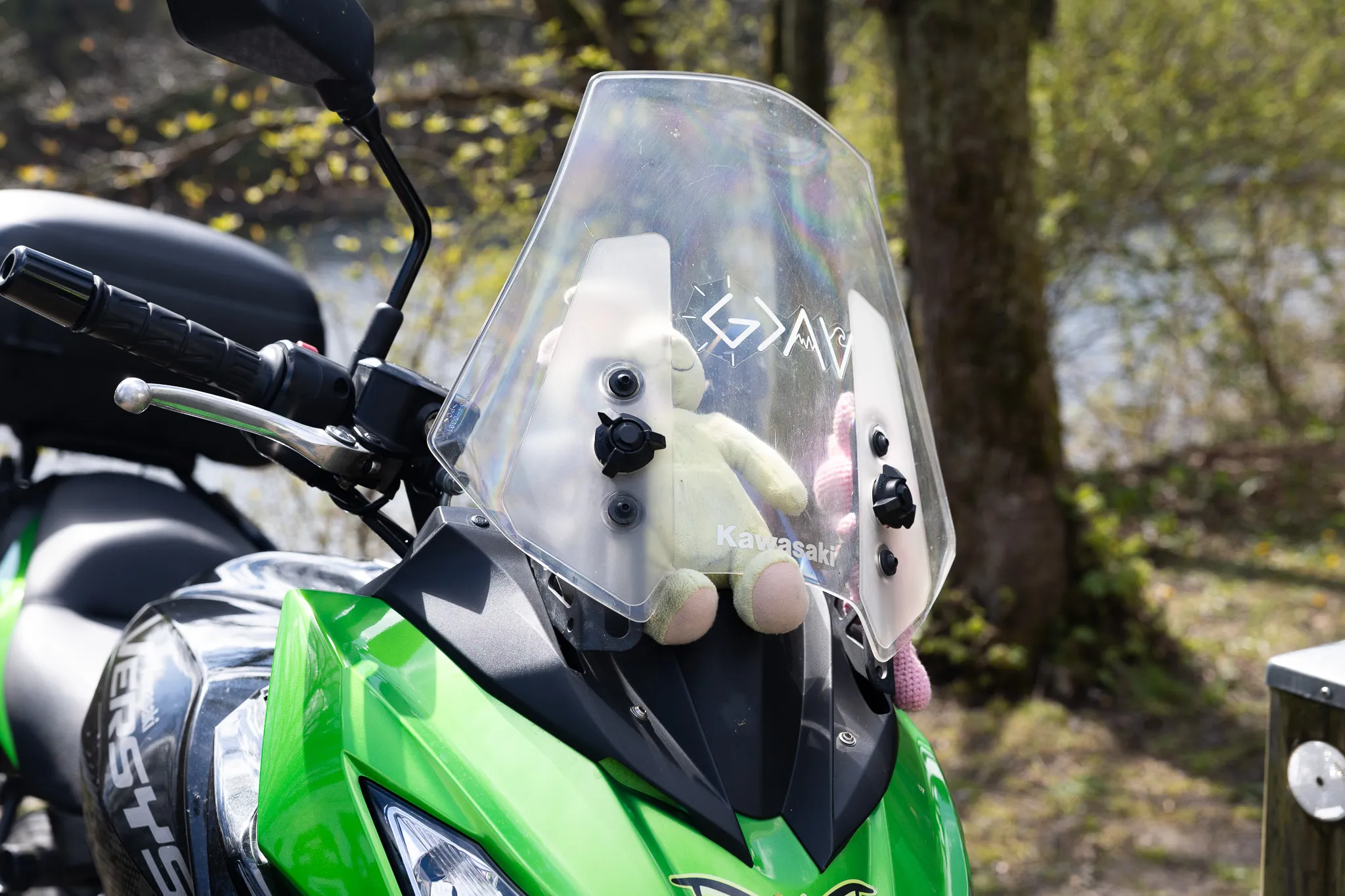 Grüne Kawasaki-Motorrad mit einem Stofftier am Lenker, das durch die Windschutzscheibe blickt. Im Hintergrund verschwommene Bäume und der Fluss Glör.