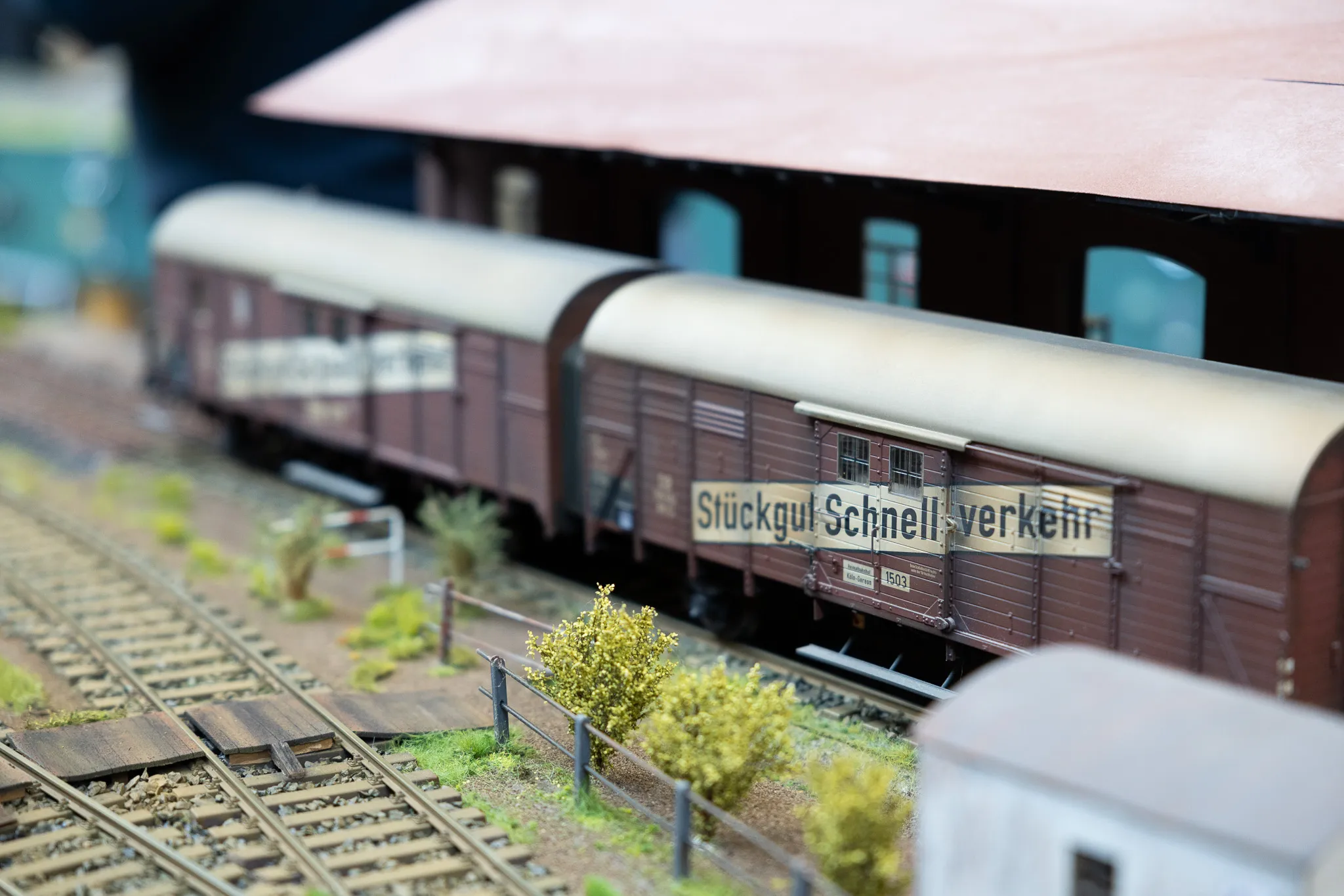 Braune Güterwaggons einer Modellbahn mit der Aufschrift „Stückgut Schnellverkehr“ fahren an einem kleinen Bahnhof vorbei.