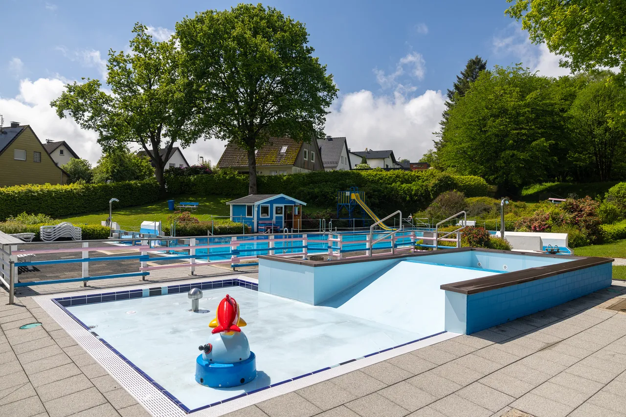 Überblick über das Freibad mit mehreren Becken, darunter ein Kinderbecken mit einer bunten Figur, umgeben von Liegeflächen und Bäumen.