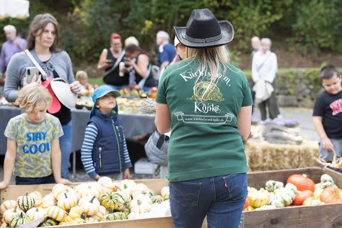 Besucher betrachten verschiedene Kürbissorten in Holzkisten an einem Marktstand der Kürbisfarm Köpke.