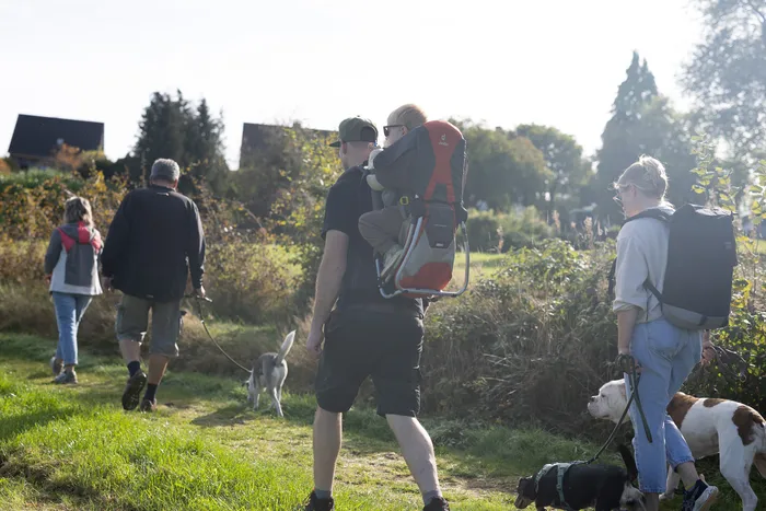 Menschen bei einer Herbstwanderung auf einem Feldweg, ein Mann trägt ein Kind in einer Trage und andere führen Hunde an der Leine.