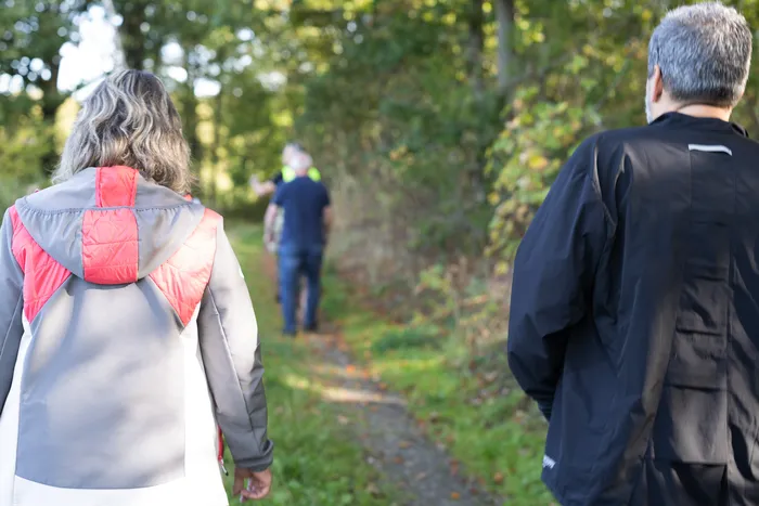 Rückansicht von Wanderern auf einem Waldweg während einer Herbstwanderung.