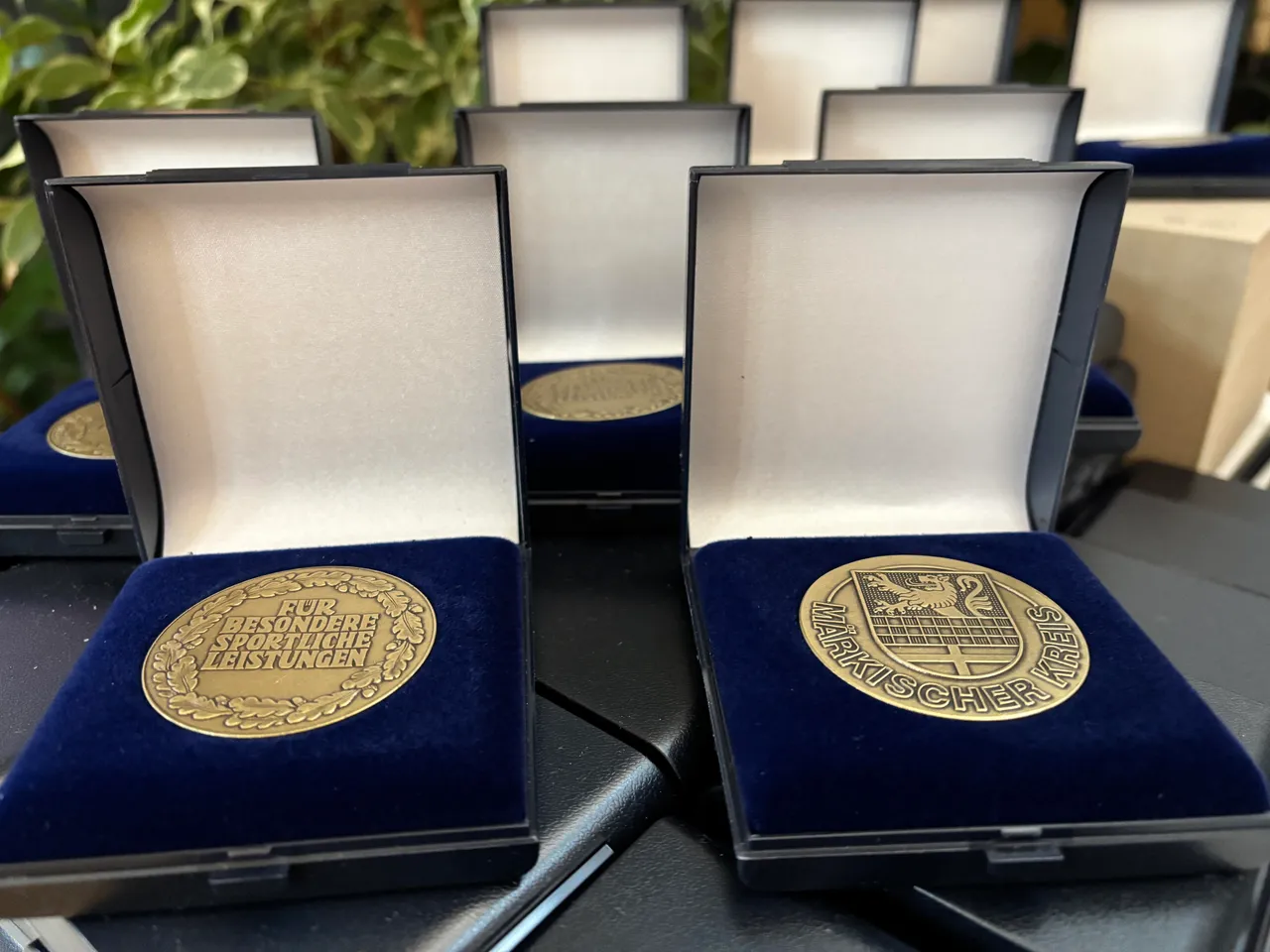 Goldene Ehrenteller mit der Aufschrift „FÜR BESONDERE SPORTLICHE LEISTUNGEN“ und „MÄRKISCHER KREIS“ stehen auf blauem Samt.