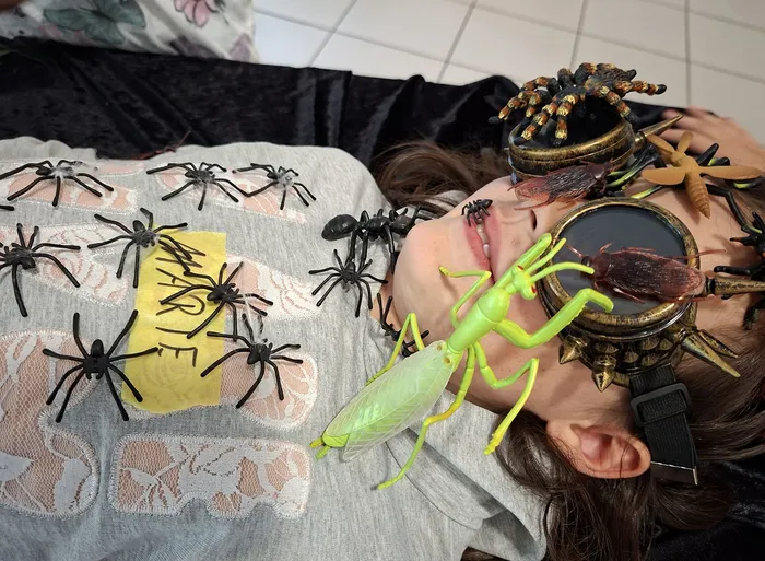 Ein Kind liegt mit Spielzeuginsekten wie einer grünen Gottesanbeterin, Spinnen und Kakerlaken auf dem Gesicht und der Kleidung.