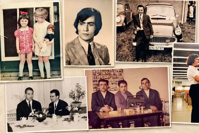 Collage aus historischen Schwarz-Weiß- und Sepia-Fotografien, die verschiedene Personen und Alltagsszenen aus der Zeit der Gastarbeiter zeigen.