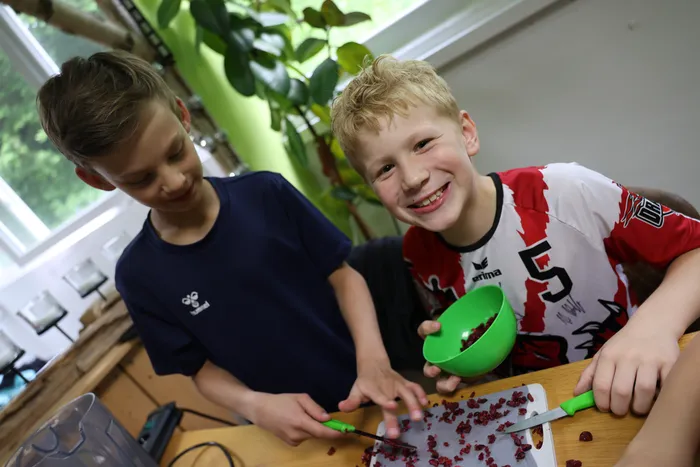 Zwei Jungen bereiten in einer Küche gemeinsam Obst vor. Der Junge rechts lächelt in die Kamera, während der linke Junge konzentriert auf die Arbeit blickt.