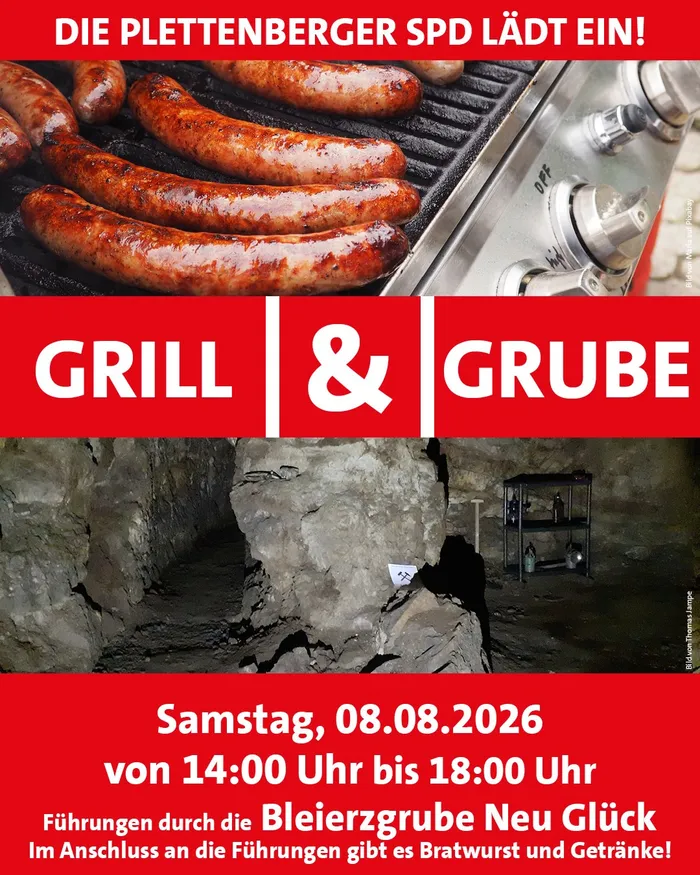 Einladungsflyer des Plettenberger SPD zum Event „Grill & Grube“ am 08.08.2026 mit Führungen durch die Bleierzgrube Neu Glück und anschließendem Grillen.