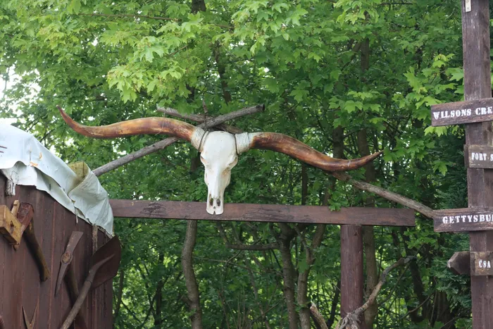 Ein Tierkopf mit langen Hörnern ist über einem Holztor angebracht, im Hintergrund grünes Laub und Schilder mit Ortsnamen.