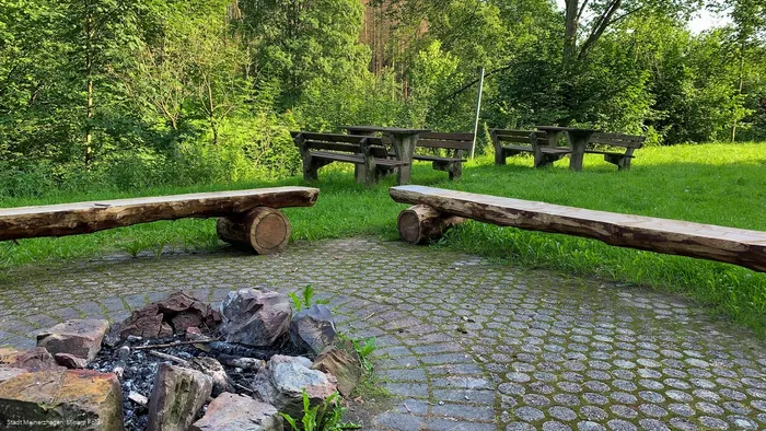 Feuerstelle aus Steinen auf einem gepflasterten Platz mit Holzbänken aus Baumstämmen und Picknicktischen vor einer Waldkulisse.
