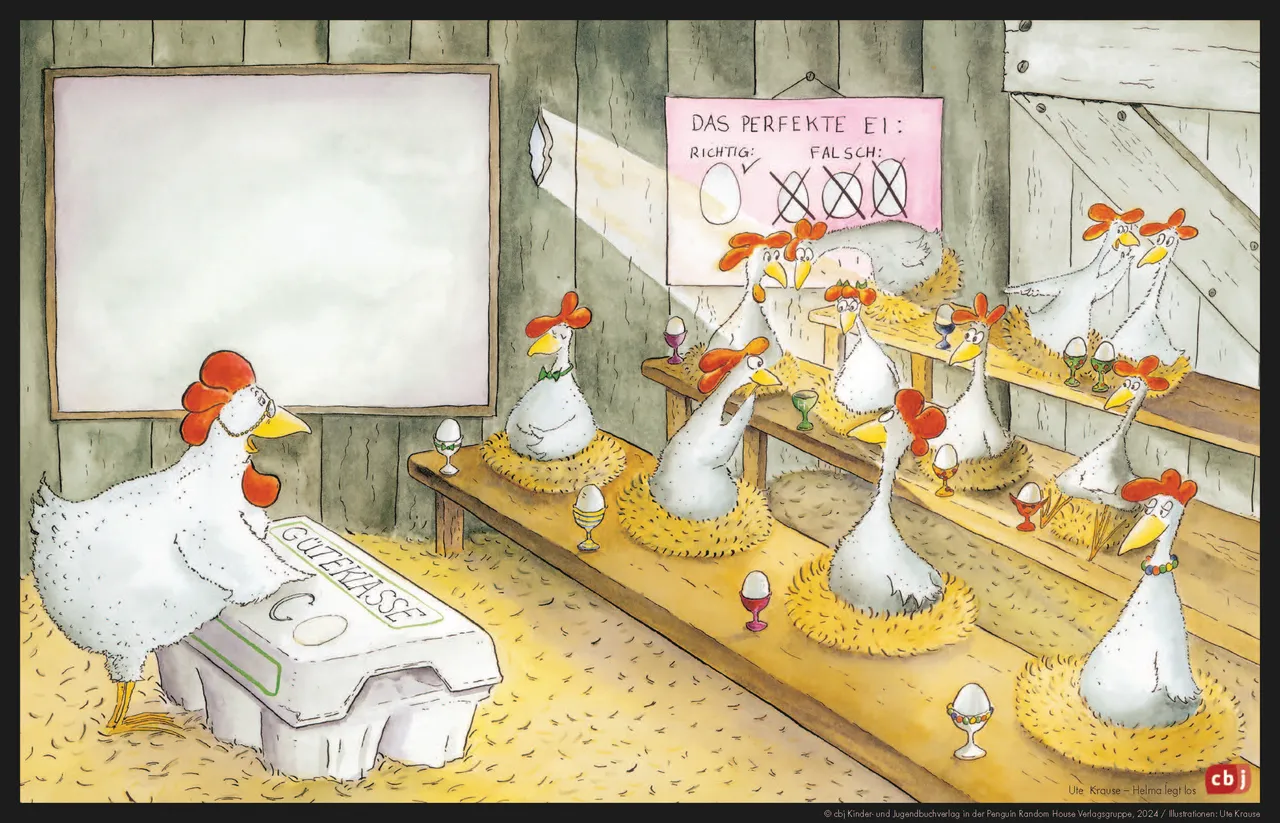 Hühner sitzen in einer Art Klassenzimmer und betrachten eine Tafel, auf der die Form eines perfekten Eis dargestellt ist. Eine Henne legt ein Ei in eine Spardose.