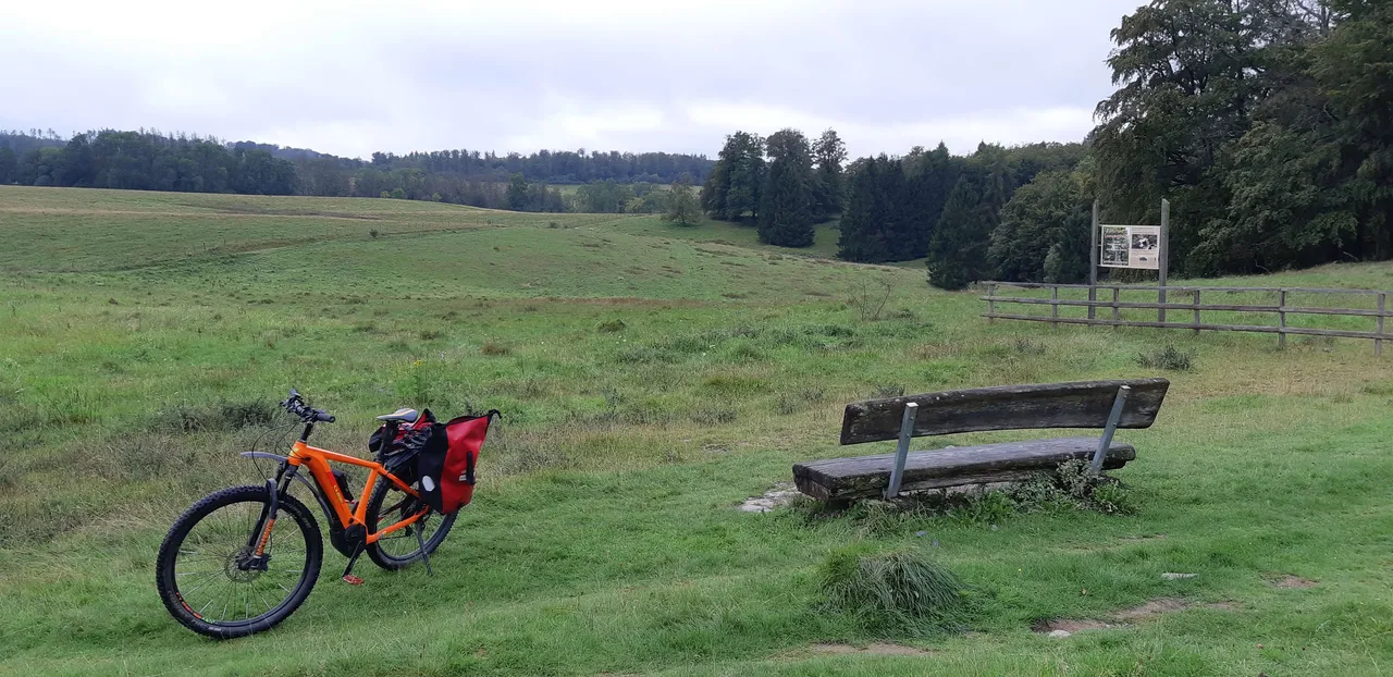 Ein orangefarbenes E-Mountainbike mit Gepäck steht auf einer Wiese vor einer Holzbank und einem Wald.
