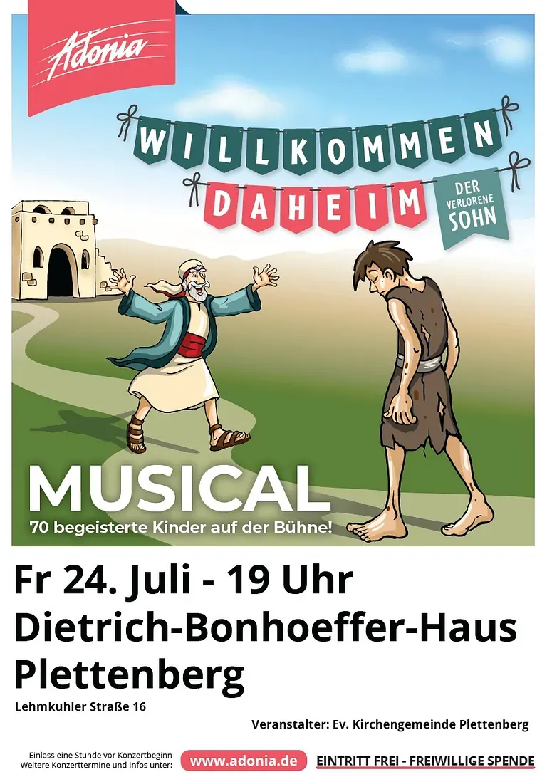 Szene aus dem Musical „Willkommen daheim“: Ein Mann in Gewändern umarmt einen jungen Mann, der barfuß und in zerrissener Kleidung ist, vor einer mittelalterlichen Kulisse.