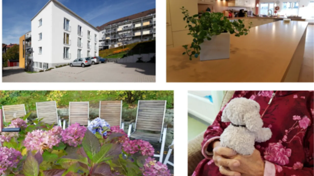 Vier Bilder zeigen verschiedene Aspekte eines Seniorenheims: ein Gebäude, eine Gemeinschaftsküche, ein Garten mit Sitzgelegenheiten und eine Hand, die ein Stofftier hält.