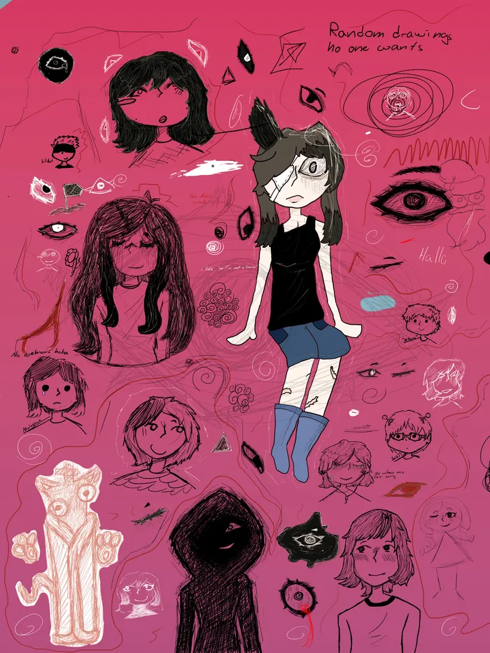 Digitale Collage mit verschiedenen Skizzen von Gesichtern, Augen und Figuren auf pinkfarbenem Hintergrund.