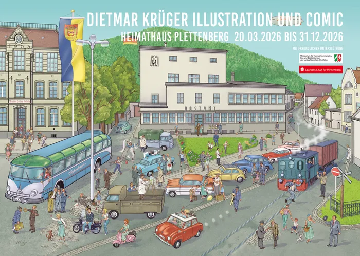Detailreiches Wimmelbild des Maiplatzes in Plettenberg in den 1960er Jahren mit zahlreichen Menschen, historischen Fahrzeugen und Gebäuden.