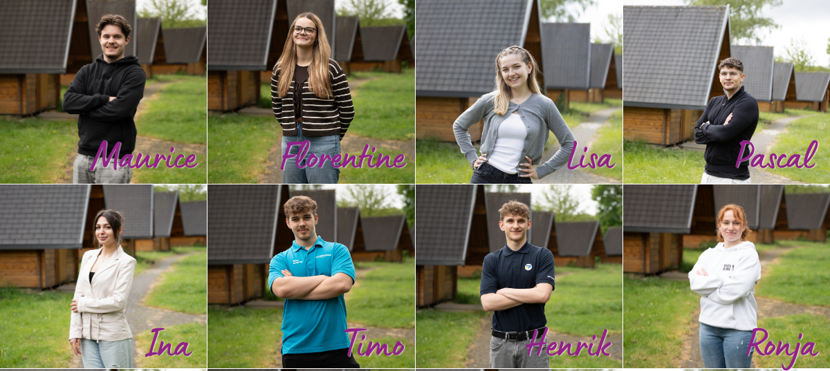 Collage mit Porträtaufnahmen von acht jungen Menschen vor grauen Holzhäusern. Die Namen Maurice, Florentine, Lisa, Pascal, Ina, Timo, Henrik und Ronja stehen jeweils unter den Porträts. Ronja Cemberecki ist rechts unten zu sehen.