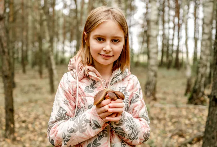 Ein junges Mädchen hält mehrere Pilze in den Händen in einem Wald.