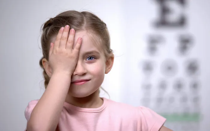Ein junges Mädchen hält sich eine Hand vor das Auge vor einer unscharfen Sehtafel.