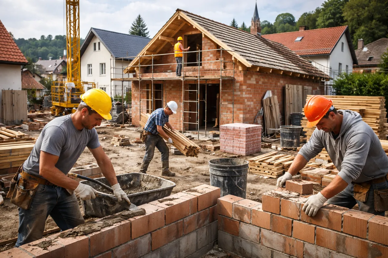 Drei Bauarbeiter mit Schutzhelmen und Handschuhen arbeiten auf einer Baustelle an einem Rohbau aus Ziegelsteinen und Holz.