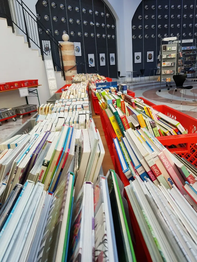 Mehrere rote Kisten voller Bücher und DVDs stehen in einem hellen Raum, darunter auch Kinderbücher mit bunten Einbänden. Im Hintergrund sind Regale und eine Treppe zu sehen.