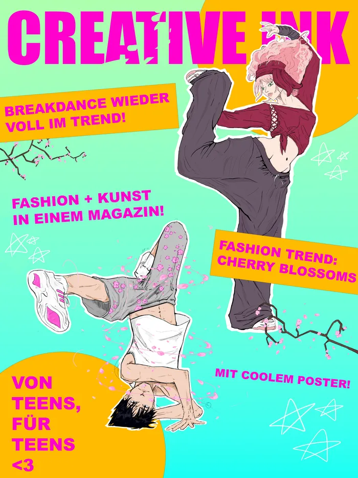 Magazin-Cover „CREATIVE INK“ mit zwei illustrierten Jugendlichen in Breakdance-Posen vor einem bunten Hintergrund mit Kirschblüten-Motiven.