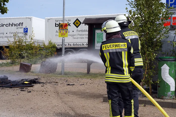 Zwei Feuerwehrleute in Schutzkleidung löschen mit einem Wasserstrahl eine Brandstelle auf einem Schotterplatz.