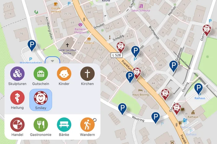 Karte mit Standorten von Messstationen, markiert durch Symbole wie ein Smiley, ein Herz oder ein Haus. Die Karte zeigt Straßen und Gebäude in einem Stadtgebiet.