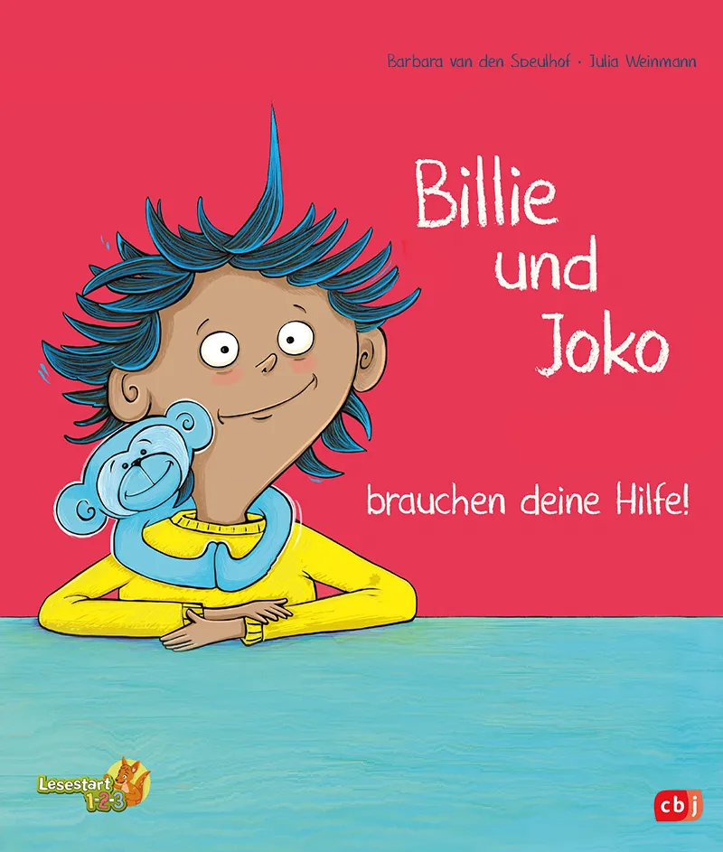 Buchcover: Ein Junge mit blauen, stacheligen Haaren umarmt einen kleinen Affen. Über ihnen steht in großen Buchstaben: „Billie und Joko brauchen deine Hilfe!“