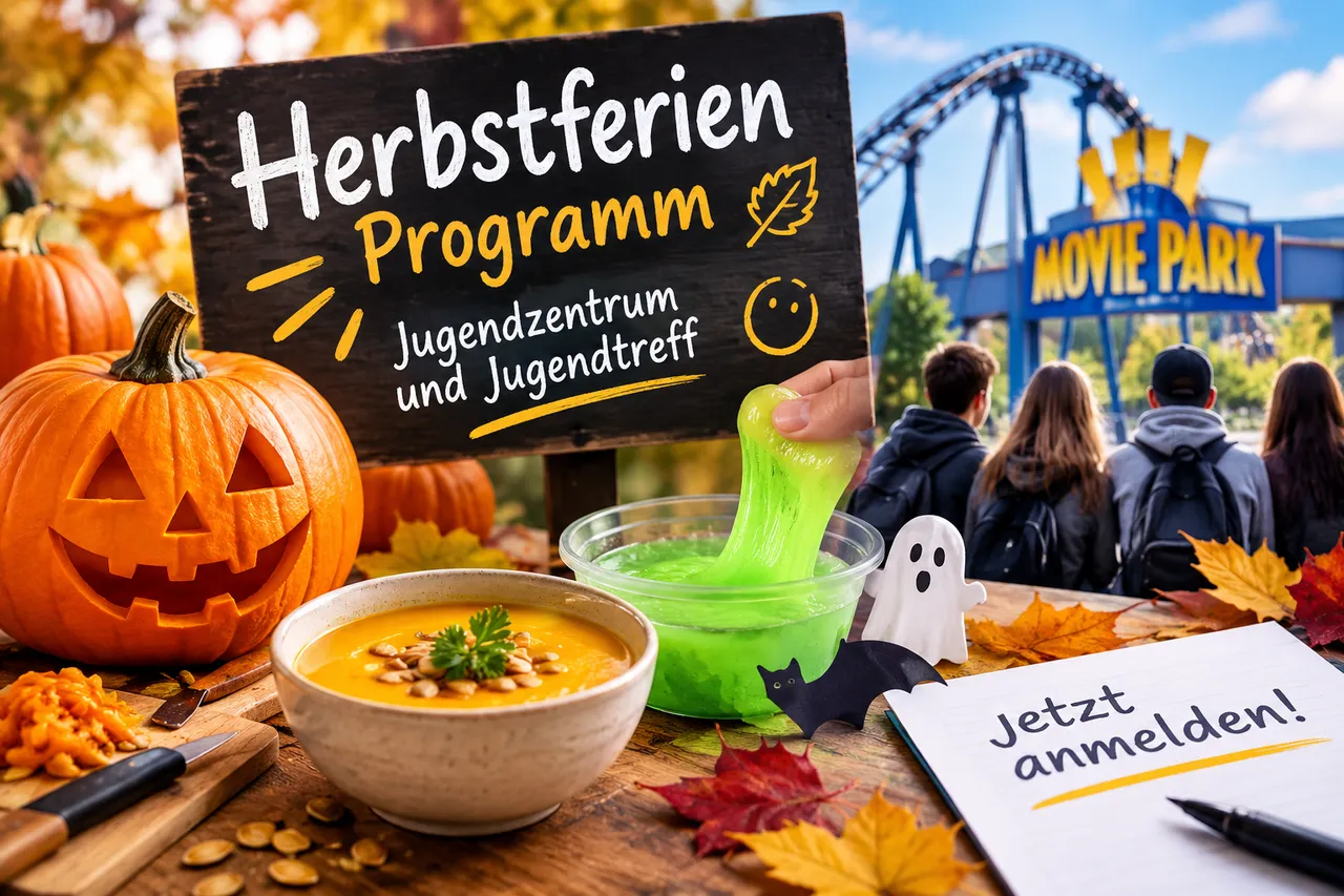 Collage mit Kürbis, Kürbissuppe, einer Tafel für ein Herbstferien-Programm und Jugendlichen vor dem Movie Park.
