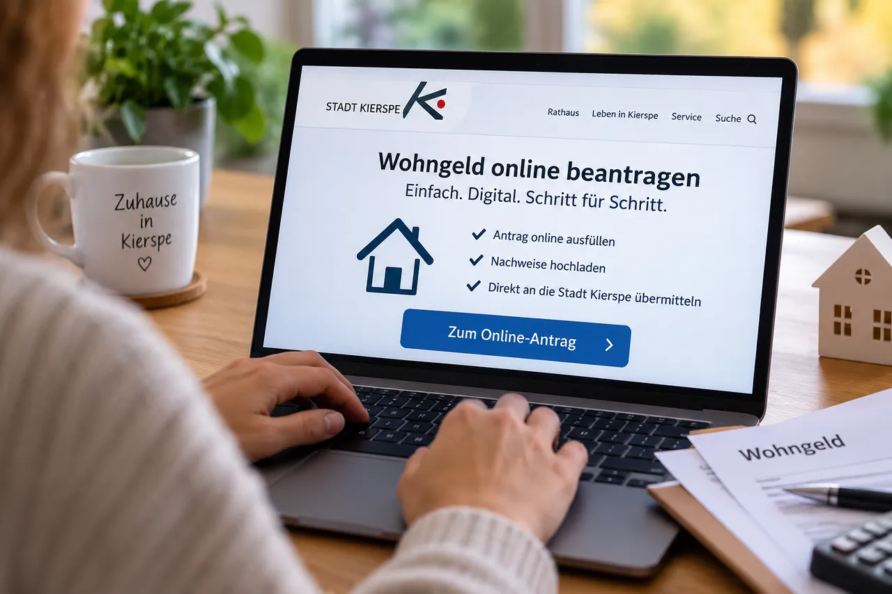 Eine Person nutzt einen Laptop, auf dem die Website der Stadt Kierspe zur Online-Beantragung von Wohngeld angezeigt wird.