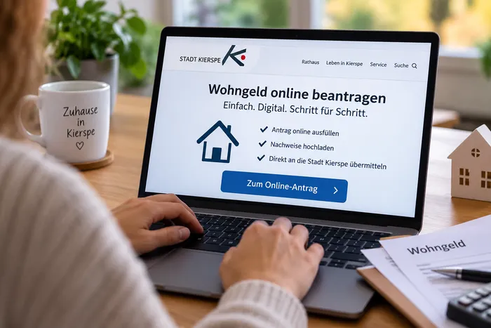Eine Person nutzt einen Laptop, auf dem die Website der Stadt Kierspe zur Online-Beantragung von Wohngeld angezeigt wird.