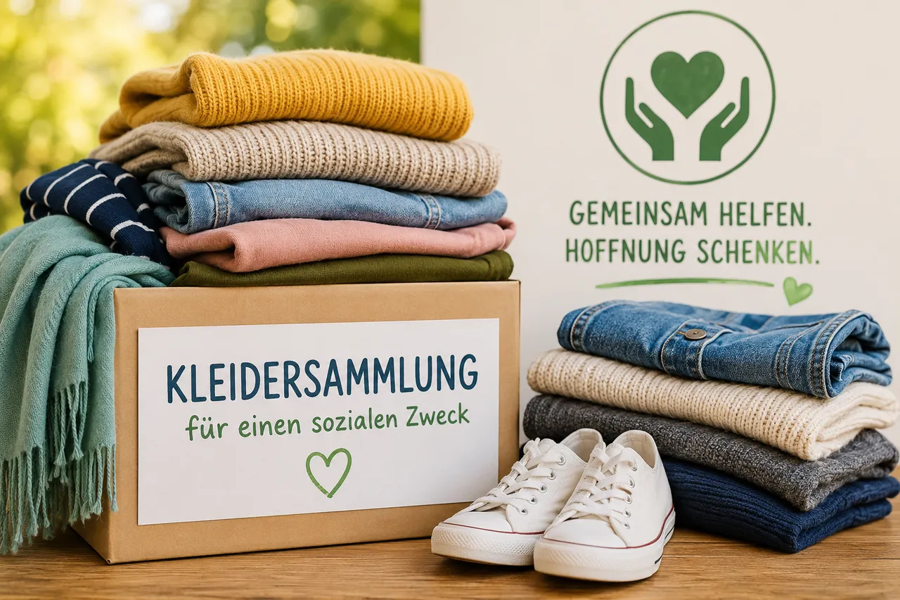Ein Karton mit dem Aufdruck „Kleidersammlung für einen sozialen Zweck“ steht vor gestapelten Kleidungsstücken und einem grünen Logo mit zwei Händen, die ein Herz formen. Daneben stehen weiße Sneakers.