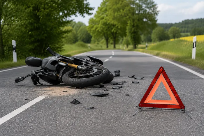 Ein umgestürztes Motorrad und Trümmerteile liegen auf einer Landstraße, daneben steht ein Warndreieck. Im Hintergrund sind Bäume und Felder zu sehen.