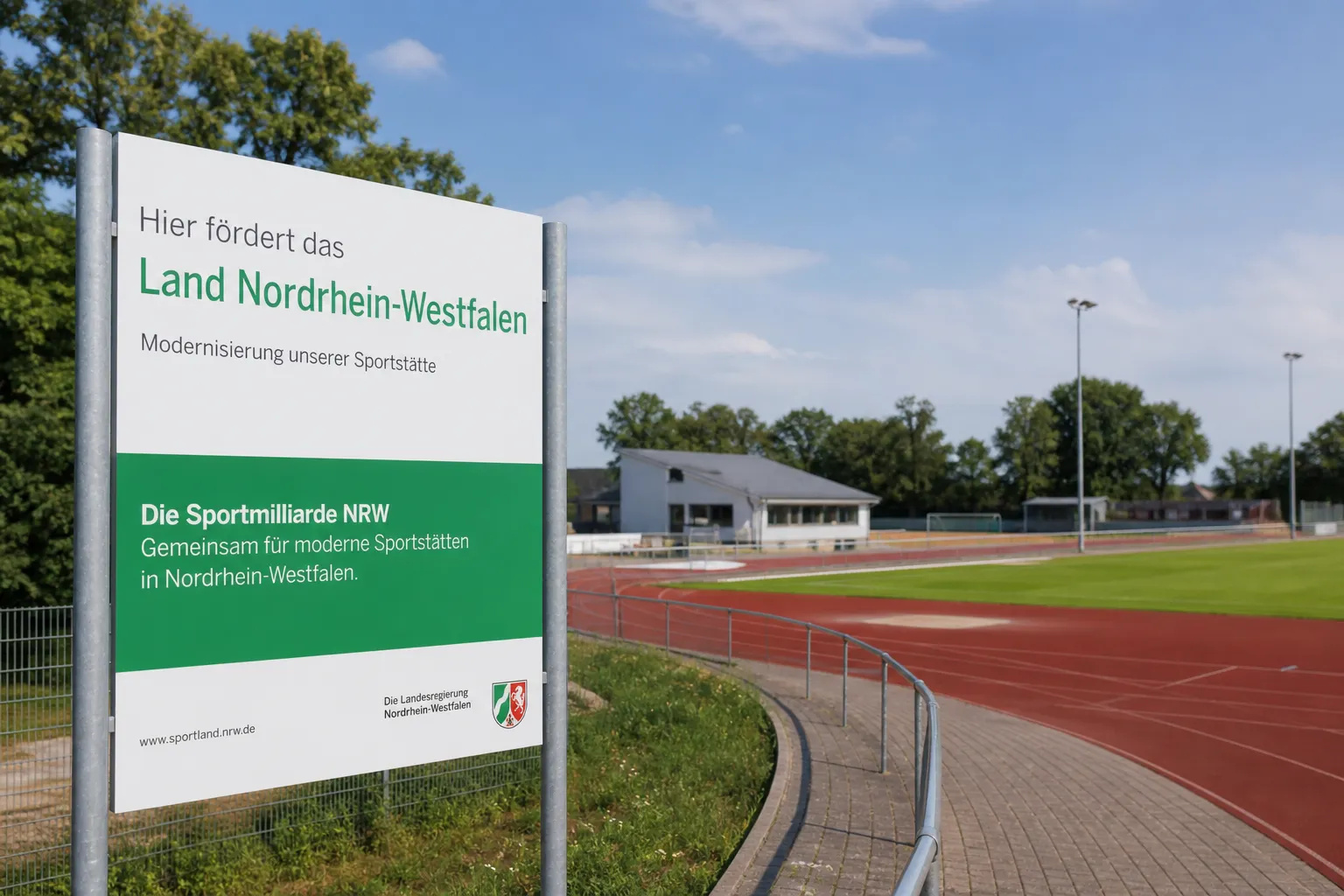 Schild mit dem Aufdruck „Hier fördert das Land Nordrhein-Westfalen“ vor einer Sportanlage mit Laufbahn und Gebäude im Hintergrund.